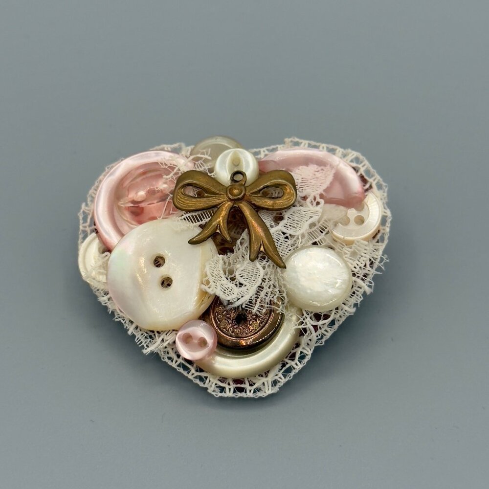 Vintage Heart-Shaped Brooch With Buttons & Lace
